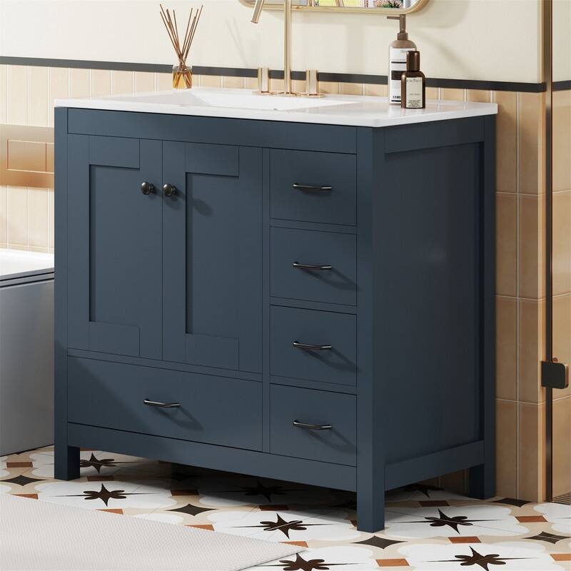 36'' Bathroom Vanity with Ceramic Sink Combo, Modern Bathroom Vanity Cabinet with 2 Soft Close Doors and 5 Storage Drawers