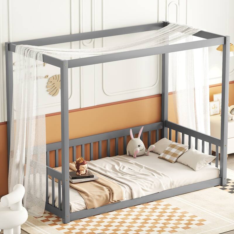 Twin Size Canopy Frame Floor Bed with Fence and Guardrails in Grey