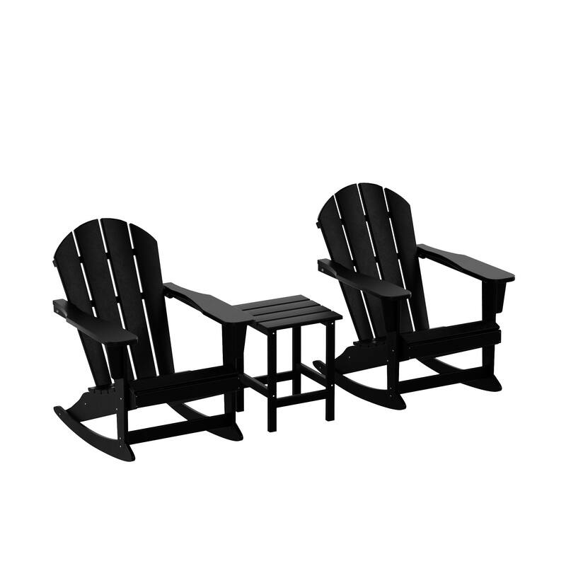 Polytrends Laguna 3-Piece Poly Adirondack Rocking Chairs and Side Table Set - Black