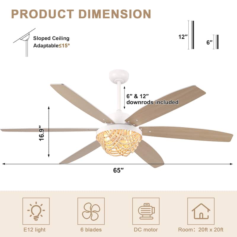 Bella Depot 65" Bohemia Large White Ceiling Fan with Light and Remote 6-Speed Modern Chandelier Fan Wood Bead Shade