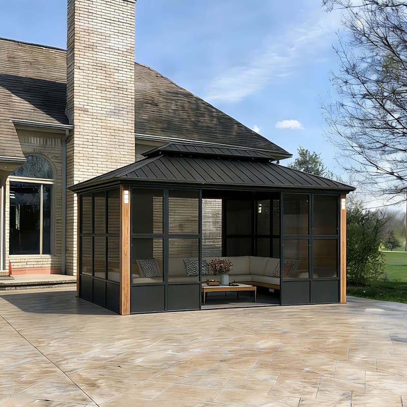 PURPLE LEAF Double Top Outdoor Wood Grain Sunroom All-Weather Screen House Patio Hardtop Gazebo