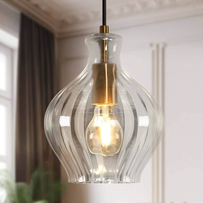 Coria Mid-century Modern Brass Pendant Light 1-Light Chic Dimmable Kitchen Island Lamp Fluted Glass Dining Room
