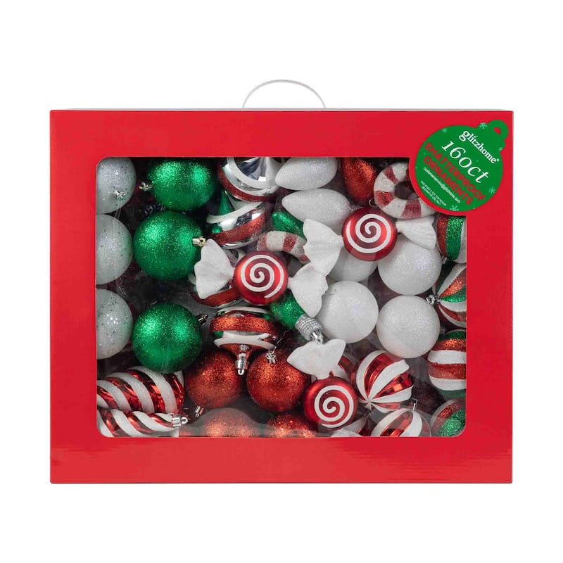 Glitzhome 178ct Christmas Ball Shatterproof Ornaments with Candy Picks & Ribbon Bow (Set of 191) - 160ct Balls