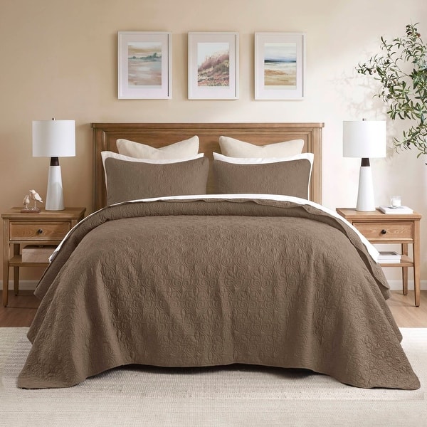 slide 2 of 10, Madison Park Quebec Embroidered Reversible Oversized 3-piece Solid Texture Bedspread Quilt Set with Matching Shams Mocha - King
