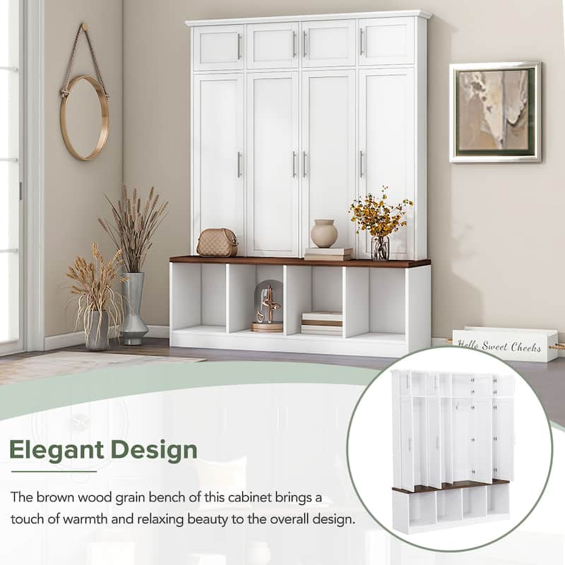 Hall Tree Storage Cabinet with 4 Hidden Hooks, Bench, and Open Compartments