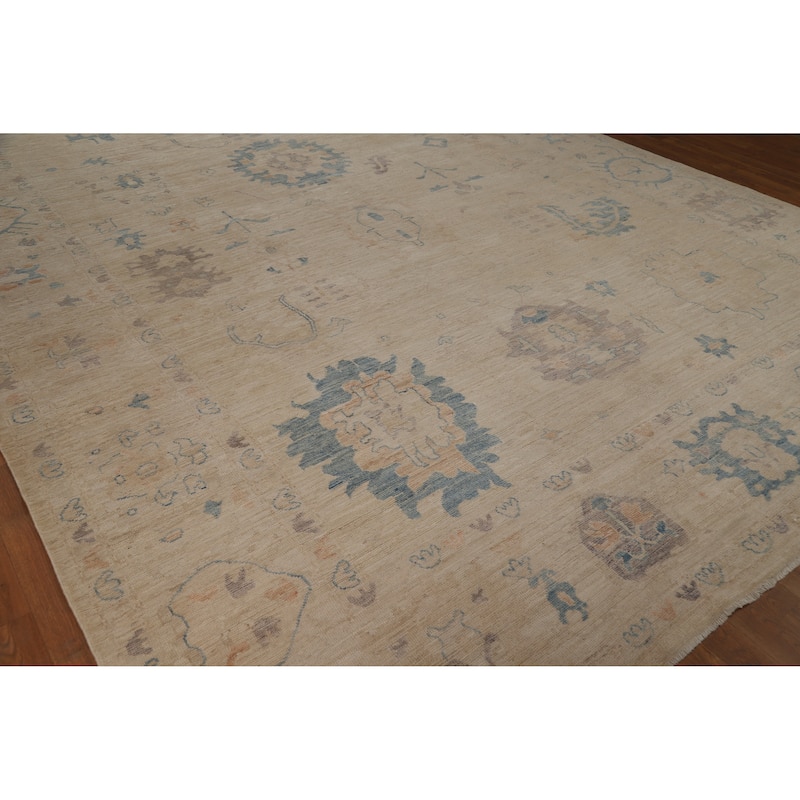 Transitional Beige Oushak Turkish Large Rug Hand-Knotted Wool Carpet - 9'6"x 13'9"