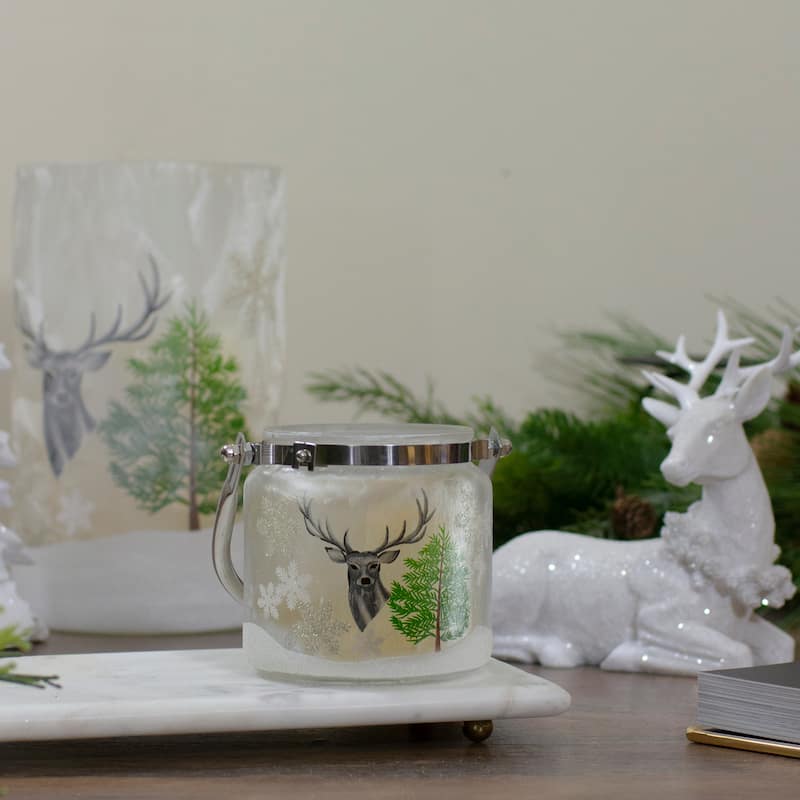 4" Deer, Pine Snowflakes H Painted Flameless Glass Candle Lantern