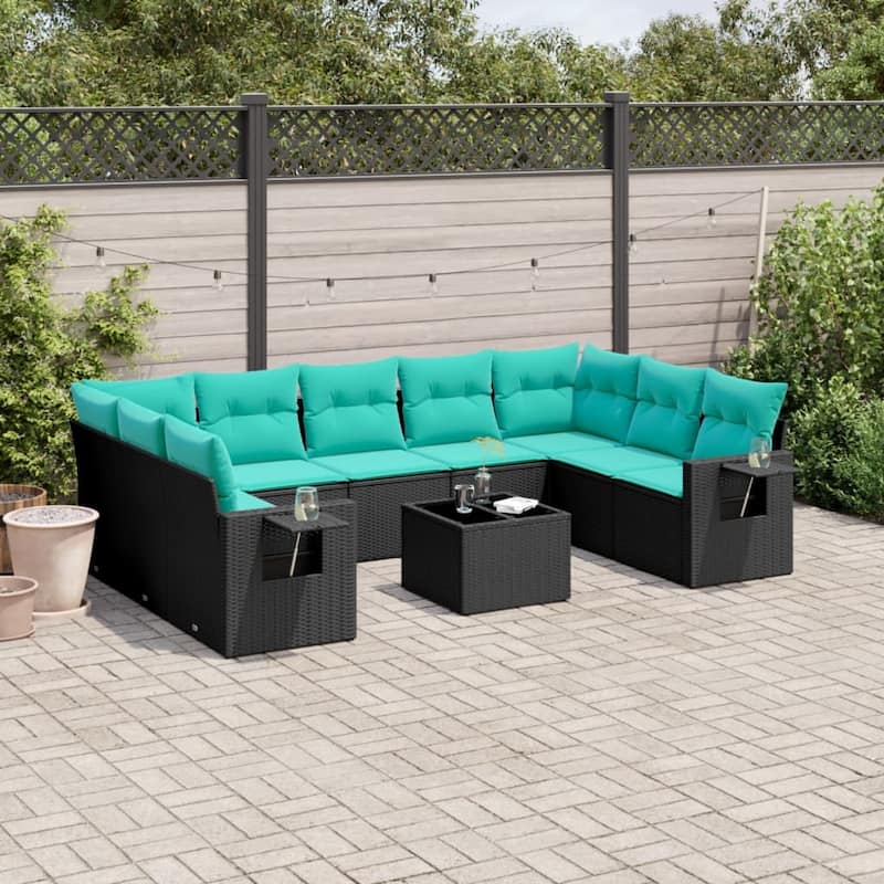vidaXL 9 Piece Patio Sofa Set with Cushions Black Poly Rattan - 21.7x27.2x24.4-With table