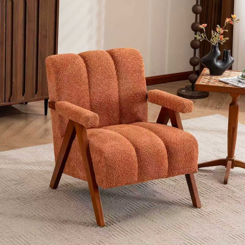 Mid Century Modern Accent Chair, Chenille Armchair with Solid Wood Legs, Channel Tufted Comfy Reading Chair for Living Room