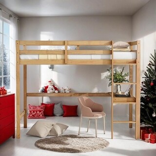 Elegant Twin High Loft Bed, Rubber Wood Loft Bed with Safety Guardrail, Built-in Desk, Ladde