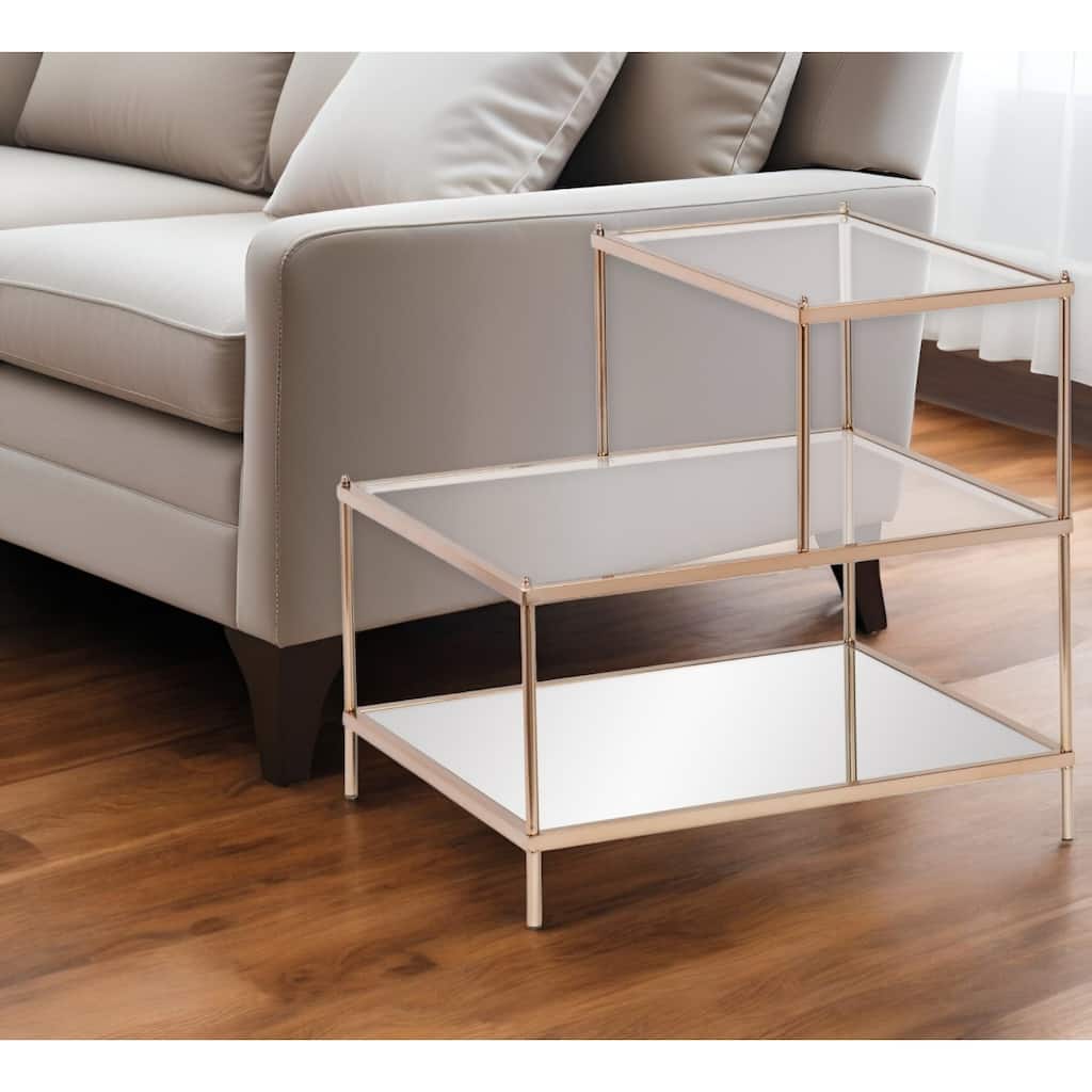 Glass and Gold Accent End Table with Tiered Shelves for Living Room - 24” x 20.50” x 23.75”