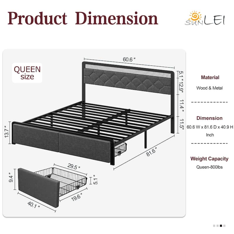 Full & Queen Size Bed Frame with LED Headboard, USB Charging – Modern Platform Bed Base with Under-Bed Clearance