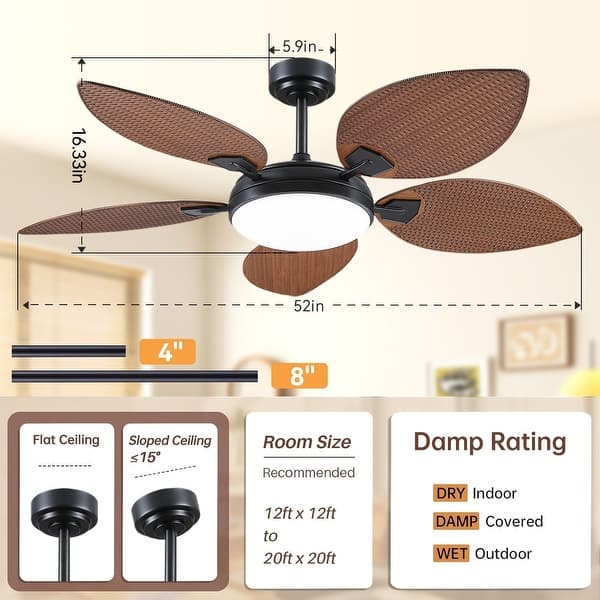 dimension image slide 1 of 2, 52" Palm Leaf Tropical Ceiling Fan with Light and Remote,Indoor or Outdoor Ceiling Fan,for Farmhouse Living Room Patio