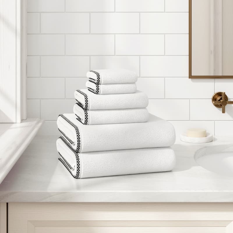 Linery & Co. Quick-Dry Cotton and Decorative Border Towel Set - White / Black - 6 Piece Set