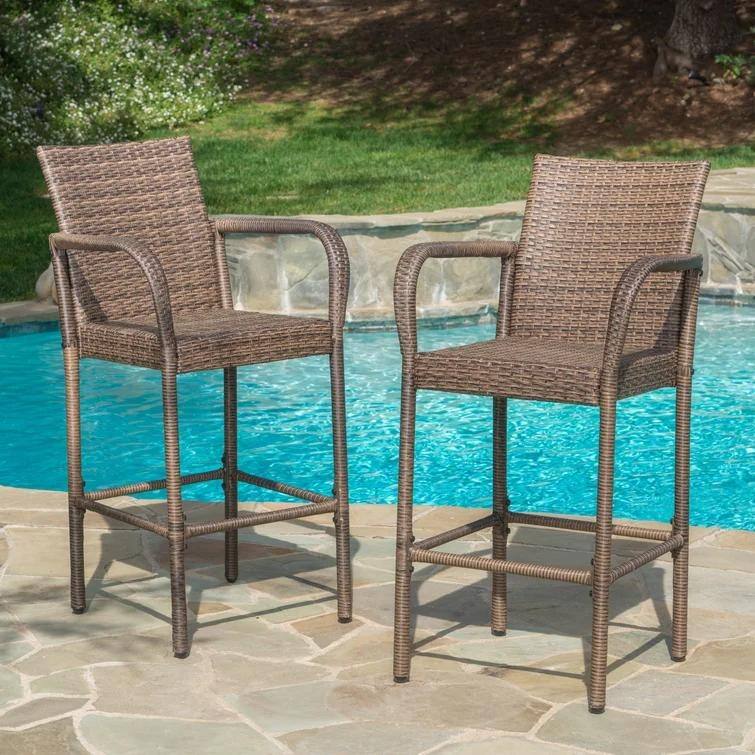 Outdoor Patio Wicker Barstool, High Back Bar Chair with Arm and Footstool High Chair, Entertainment Barstool Set (Set of 2) - Brown