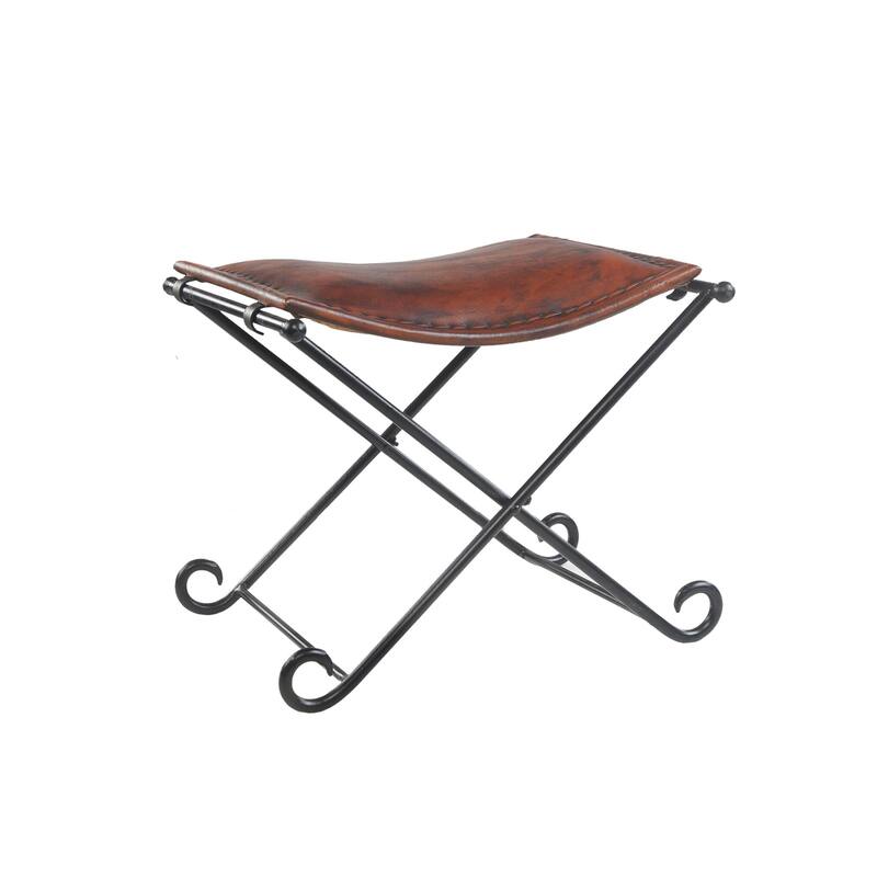 Sevita Theo Artisan Handmade Leather and Iron Accent Stool, 21" L x 17.5" W x 18" H