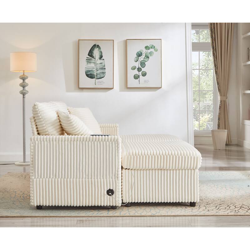 Modern Lazy Sofa Corduroy 2-Seater Sofa with Storage, Ottoman Lift-Arm Tables & USB Port Included, for Living Room