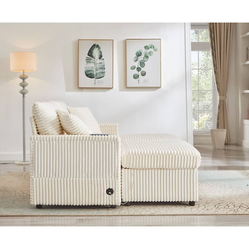 Modular Chaise Sleeper Sofa Bed, Corduroy Loveseat Couch & Storage Ottomans Set with Folding Table Boards and USB Ports