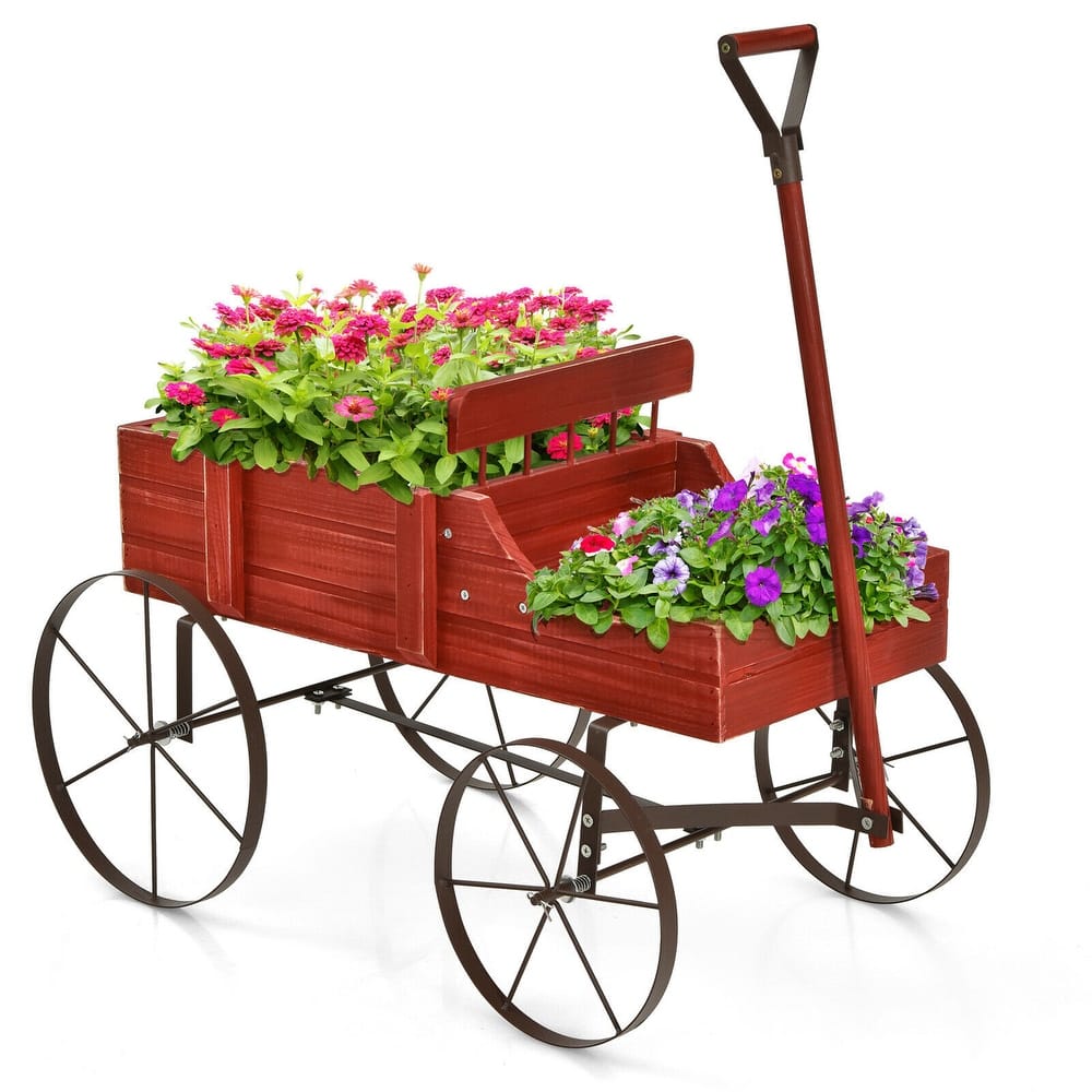 Gymax Garden Plant Planter Wooden Wagon Planter W/ Wheel Garden Yard - 24.5'' x 13.5'' x 24''