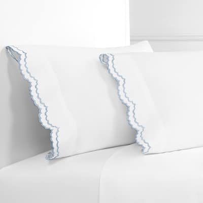 Percale Double Scalloped Embroidered Pillowcase and Sham Cover Set