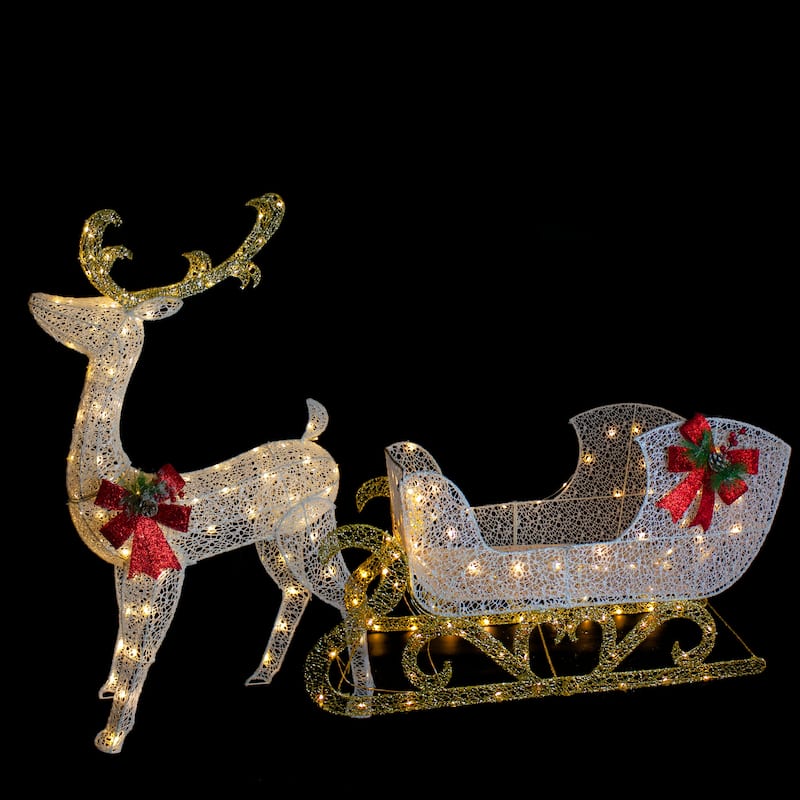 48" LED Glitter Reindeer with Sleigh Outdoor Christmas Decoration - White