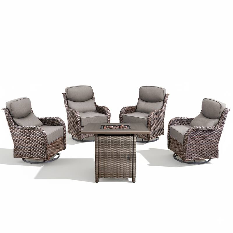 Arcadia 5-Piece Patio Conversation Set with 4 Swivel Glider Chairs and Wicker Square Fire Pit