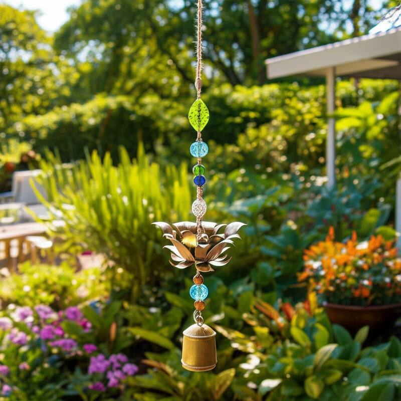 Glass Metal Bells and Windchimes Garden - 26" Gold/Green - 7" x 7" x 26"