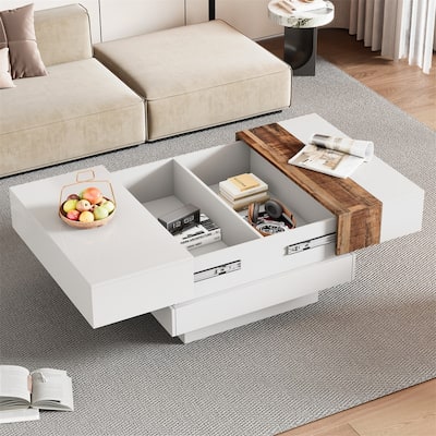 Modern Square Extendable Coffee Table with Sliding Tabletop, Two-tone Hight Gloss Center Table w/ 2 Hidden Storage Compartments