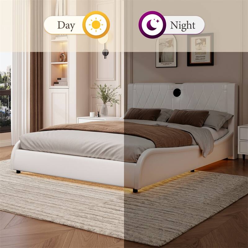 King Size Luxurious Faux Leather Upholstered Platform Bed w/LED Light