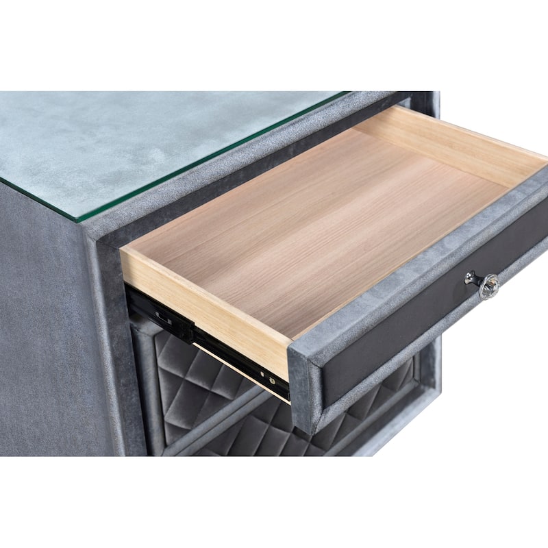 Luxury Upholstered Nightstand, Bedside Storage Cabinet with Velvet Tufted Drawer, Sofa Side Table with Tempered Glass Top