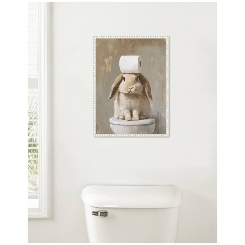 Kate and Laurel Sylvie Toilet Paper Roll on Cute Bunny Head Bathroom Art Framed Canvas by The Creative Bunch Studio