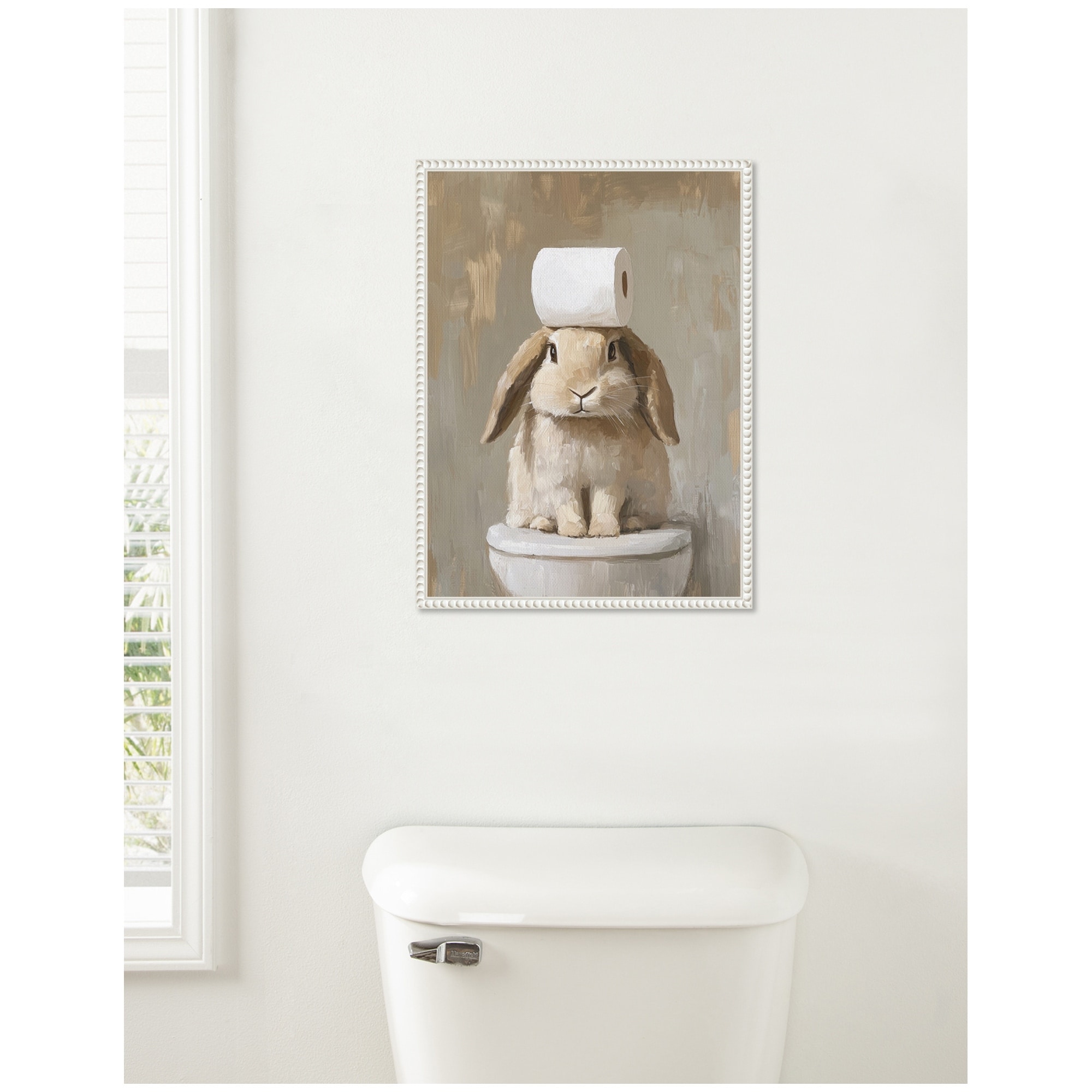 Kate and Laurel Sylvie Toilet Paper Roll on Cute Bunny Head Bathroom Art Framed Canvas by The Creative Bunch Studio