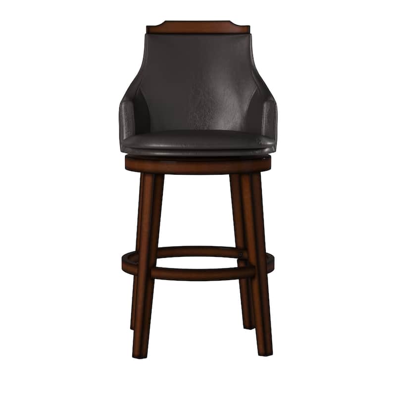 Bar Height Chair, Set of 2, Dark Brown Faux Leather, Wood Legs