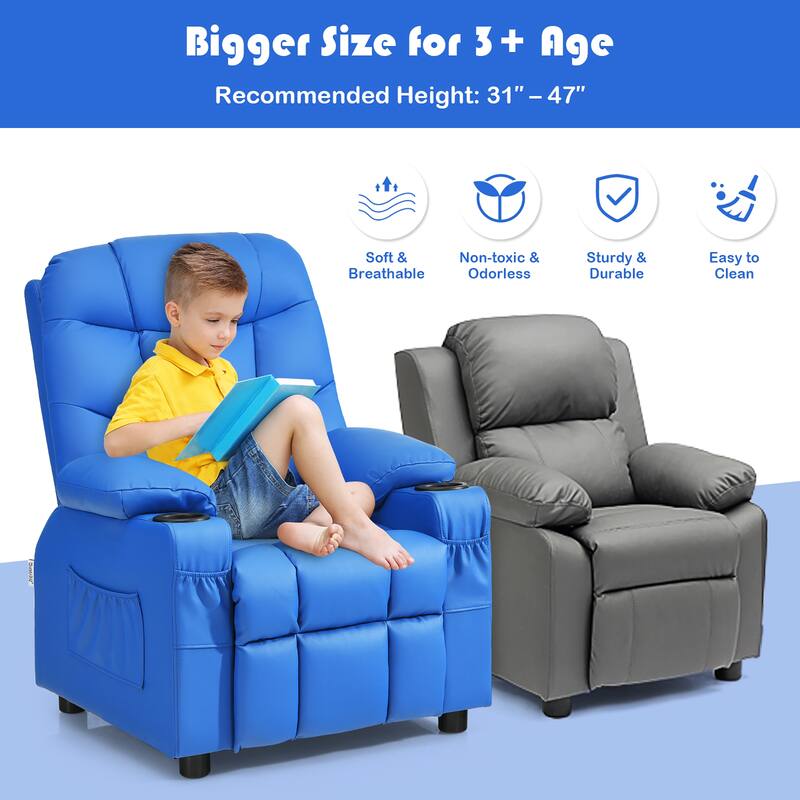 Costway Kids Youth Recliner Chair PU Leather w/Cup Holders & Side
