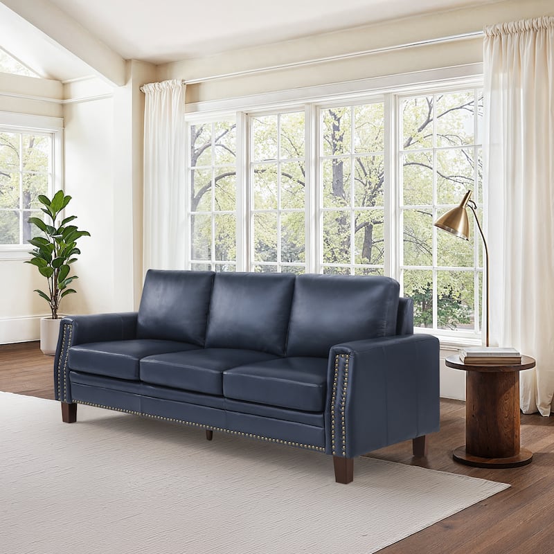 Mid-Century Modern 3-Seater Sofa 84" in Upholstered Genuine Leather with Solid Wood Frame for Living Room - Navy