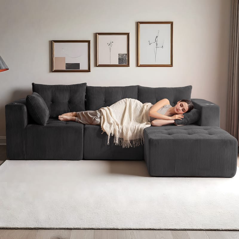 Corduroy Modular Sectional Sofa - 35.8"D x 101"W x 26.3"H