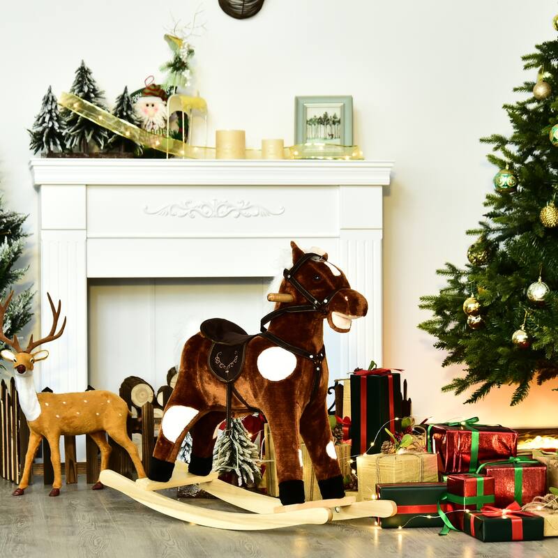 Kids Plush Rocking Horse with Authentic Neigh Sounds, Saddle, and Stirrup for 3-8 Years Old - Comfortable Velvet Fabric