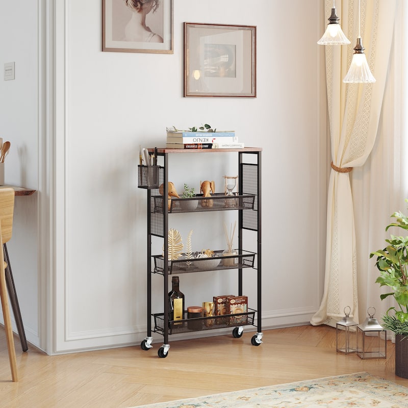 Moasis Wood Rolling Kitchen Cart with Wooden Tabletop and Mesh Baskets