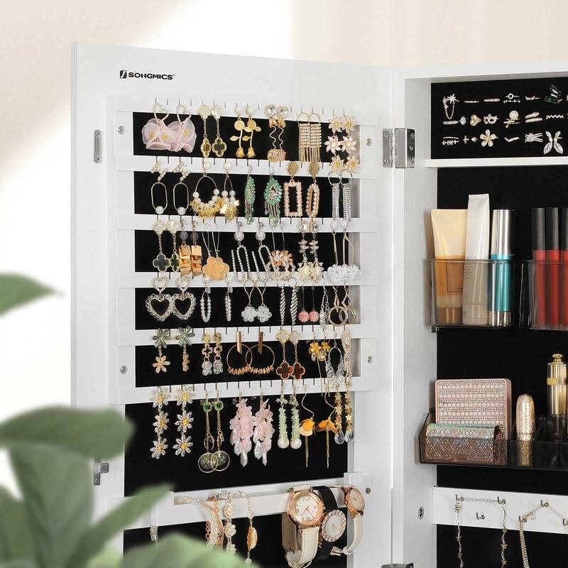 White Freestanding Lockable Jewelry Storage Cabinet with Full-Length Frameless Mirror - 16.2"L x 14.4"W x 59.8"H