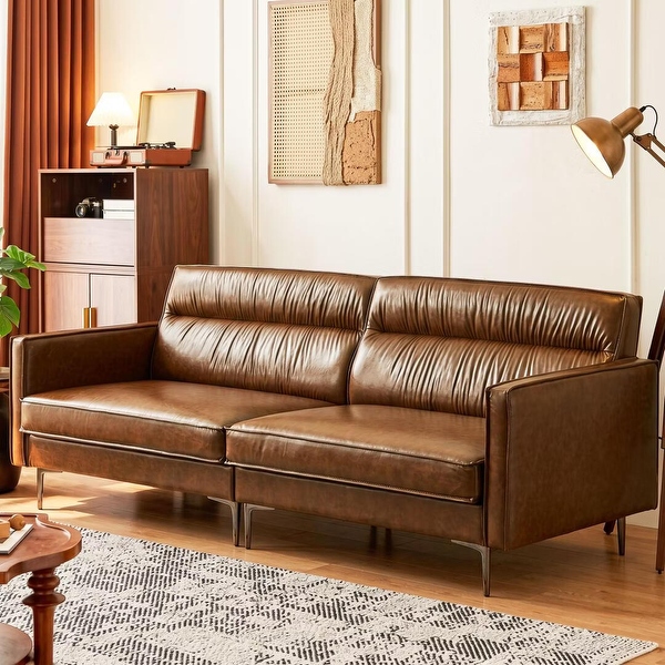 Solid Wood Frame Sectional Sofa, Faux Leather Upholstery, Caramel