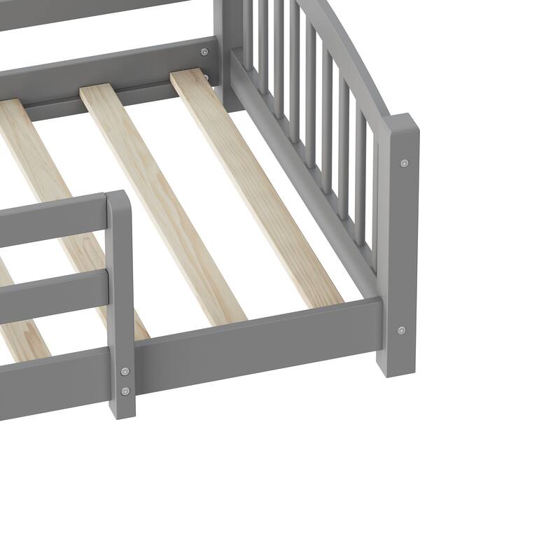 Montessori Solid Pine Floor Bed with Full-Length Safety Fence & Slatted Base by Harper&Bright Designs