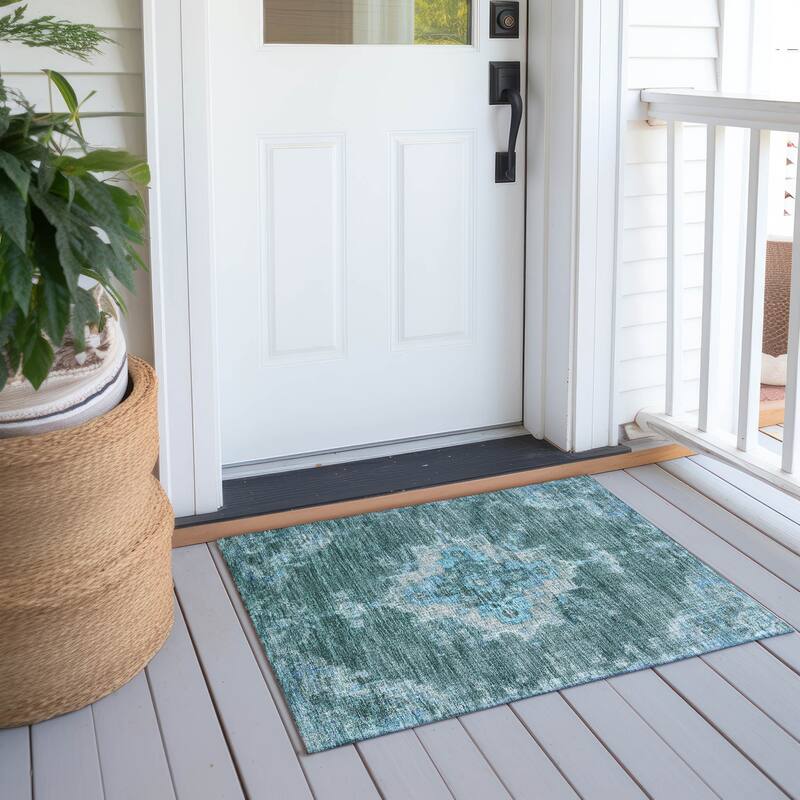 Machine Washable Indoor/ Outdoor Traditional Tabriz Chantille Rug - Teal - 1'8" x 2'6"