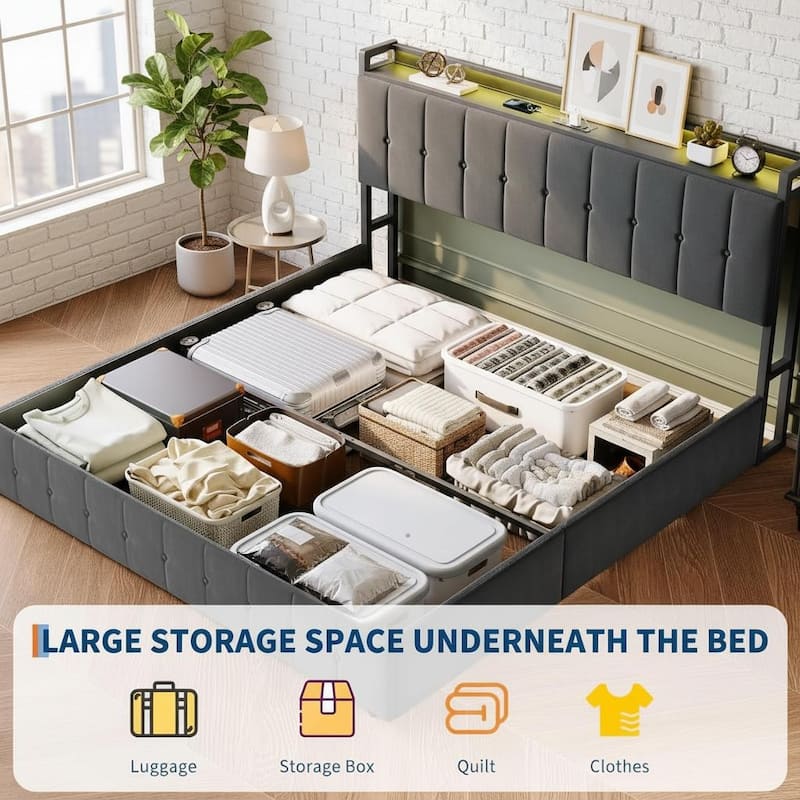 Bed Frame with Lift Up Storage and Charging Station