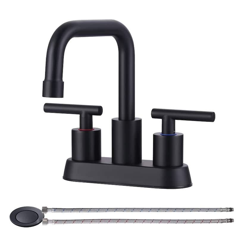 WOWOW 4 in. Centerset Double Handle Bathroom Faucet with Drain Kit - Matte Black