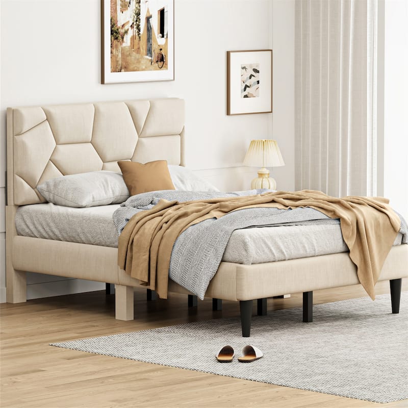 Full/Queen Linen Bed Frame with Storage Headboard,No Noise