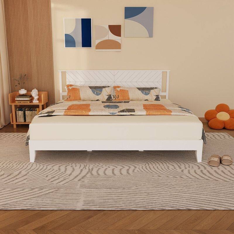Twin Size Deluxe Bed Frame with Headboard with Solid Wood, No Box Spring Needed, Easy Assembly, White - King - White