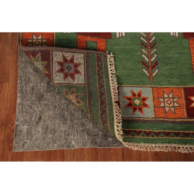 Tribal Green Kazak Indian Runner Rug Hand-Knotted Wool Carpet - 3'11"x 9'10"