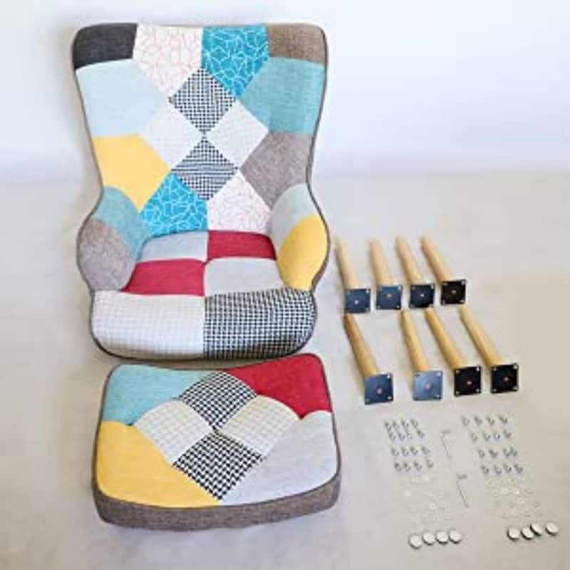 Accent Chair with Ottoman, Living Room Chair and Ottoman Set, Comfy Side Armchair for Bedroom, Creative Splicing Cloth Surface