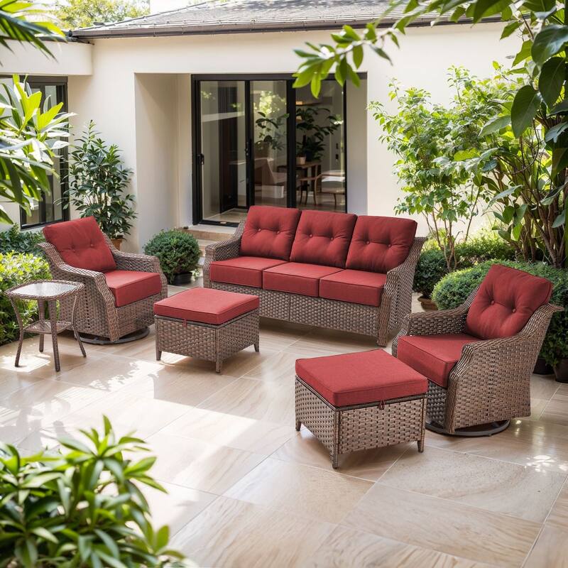 Artisan 6-Piece Patio Brown Wicker Sofa Conversation Set with 6-Inch Thick Cushions - Red - Brown Wicker