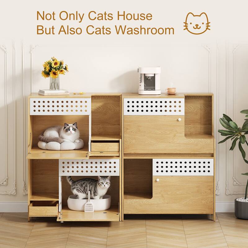 Roomfitters 2-Piece Modern 2 in 1 Cat Furniture Set, Cat Litter Box Enclosure Side Table with Storage Cat House